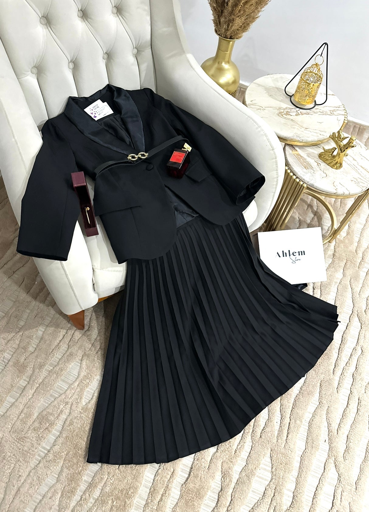 ensemble myriam 🇹🇷 3 pièces jupe plissée longue avec fermeture + blazer avec doublure + une ceinture