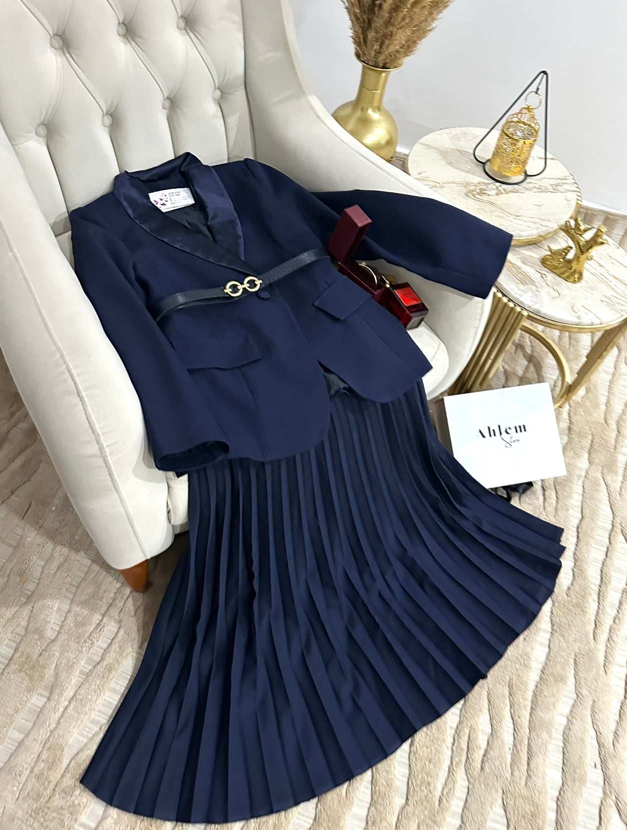 ensemble myriam 🇹🇷 3 pièces jupe plissée longue avec fermeture + blazer avec doublure + une ceinture