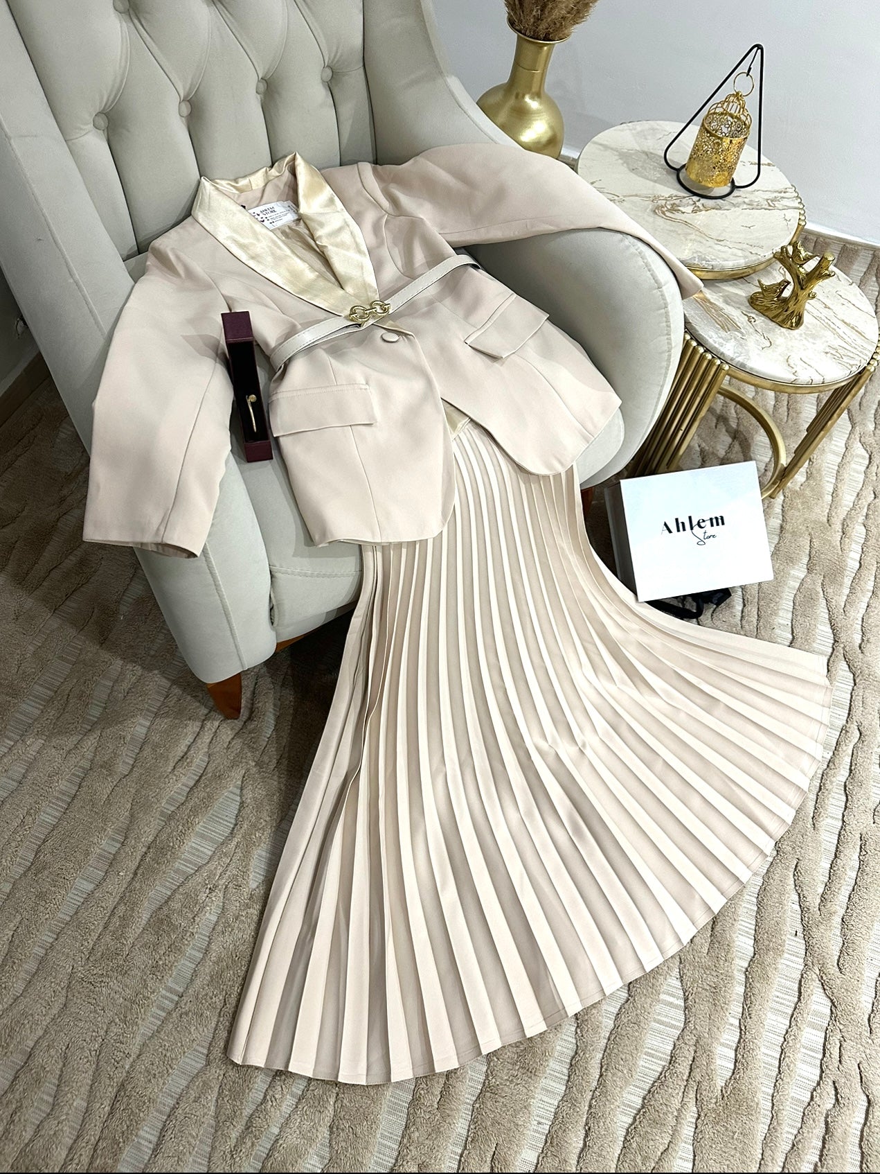 ensemble myriam 🇹🇷 3 pièces jupe plissée longue avec fermeture + blazer avec doublure + une ceinture