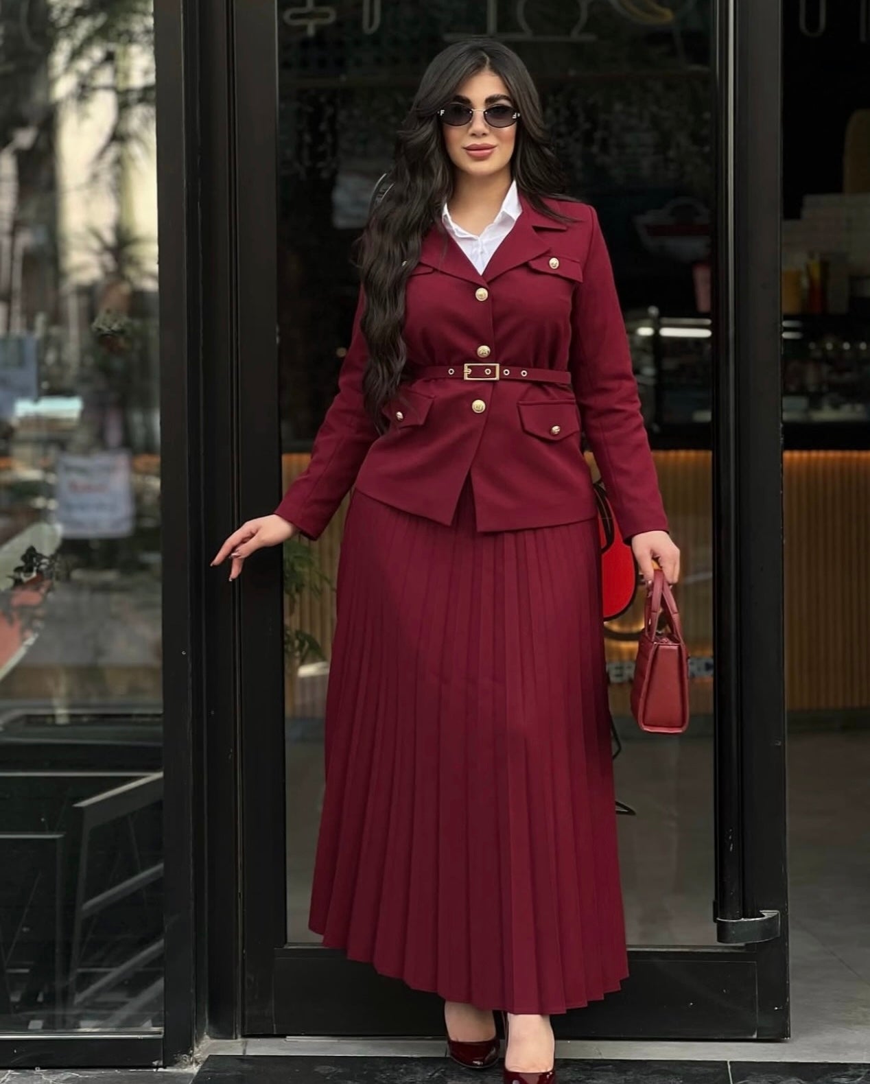 ensemble ahlem 3 pieces🇹🇷 jupe longue plissée avec fermeture + blazer avec doublure + une ceinture