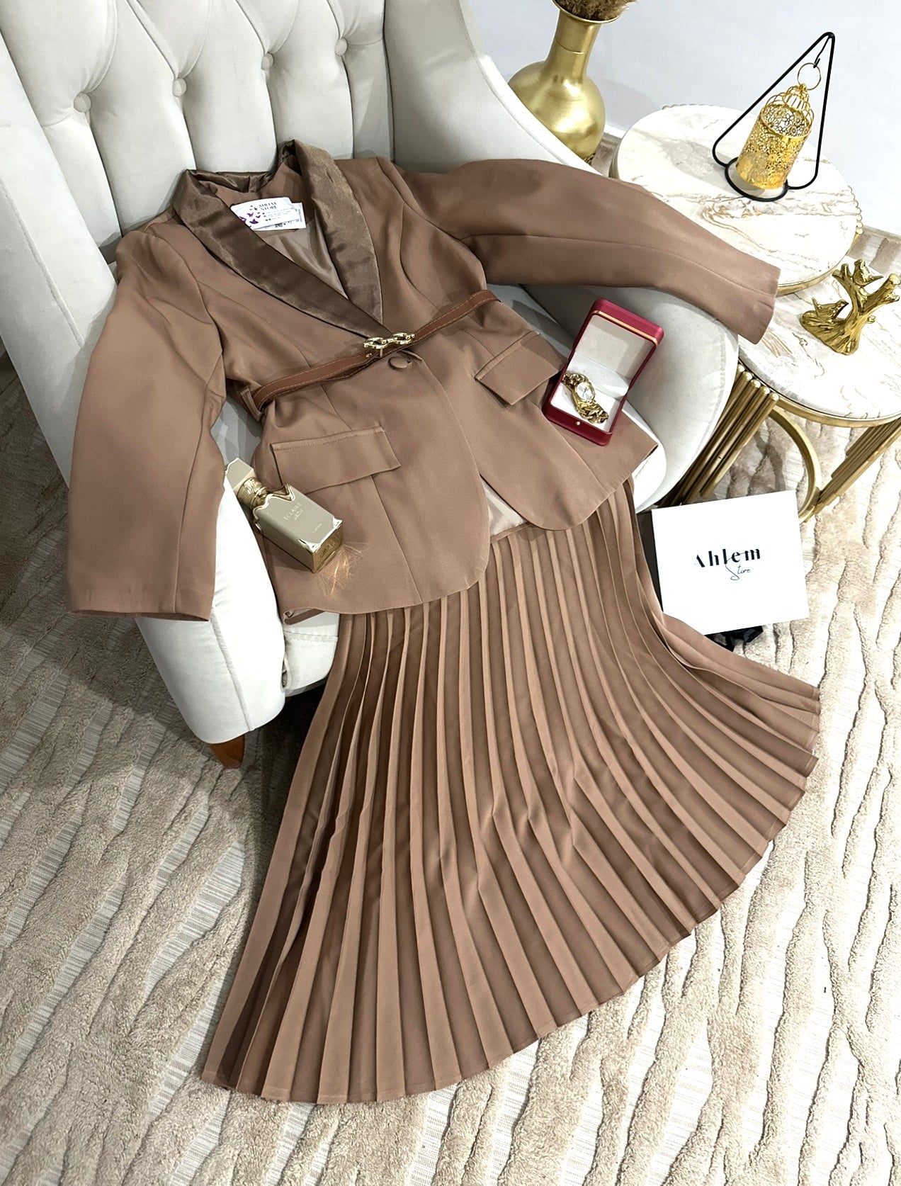 ensemble myriam 🇹🇷 3 pièces jupe plissée longue avec fermeture + blazer avec doublure + une ceinture