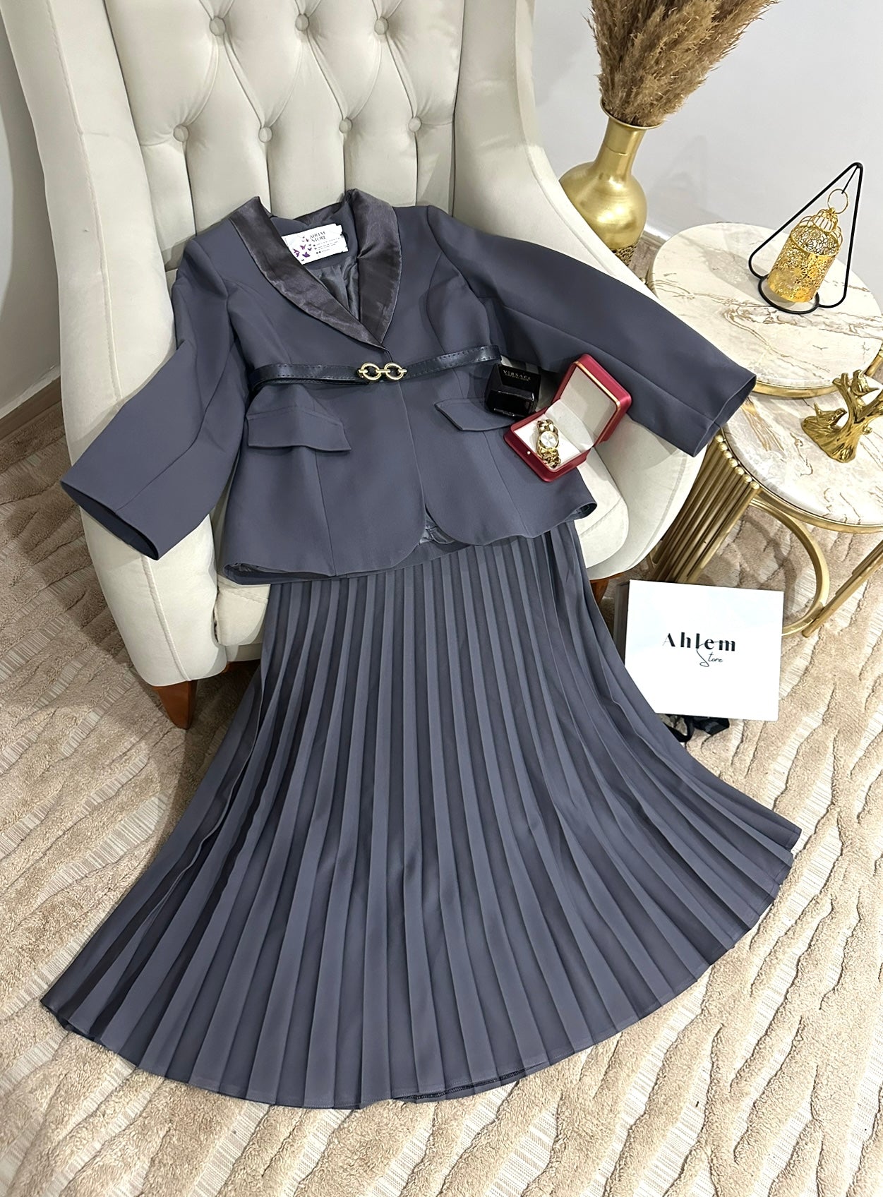 ensemble myriam 🇹🇷 3 pièces jupe plissée longue avec fermeture + blazer avec doublure + une ceinture